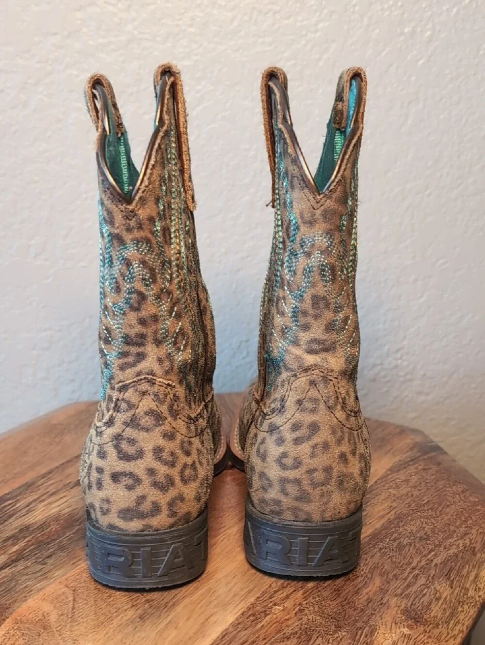 Kids Leopard Print Western Boots with Turquoise Stitching